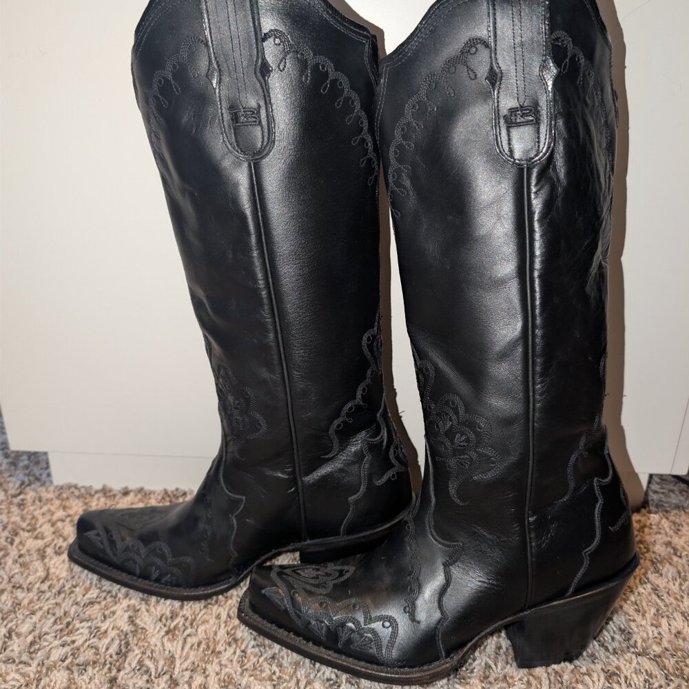 Tony Lama Black Leather Tall Western Cowboy Boots Women's 7.5B USA Made